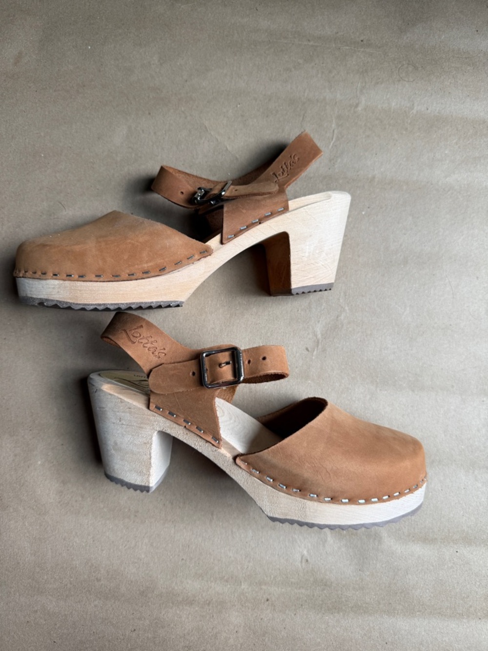 Lotta From Stockholm Tan Suede Heel Clogs with Buckle Strap